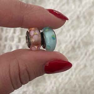 TWO Pandora Murano glass charm bead in pink and teal